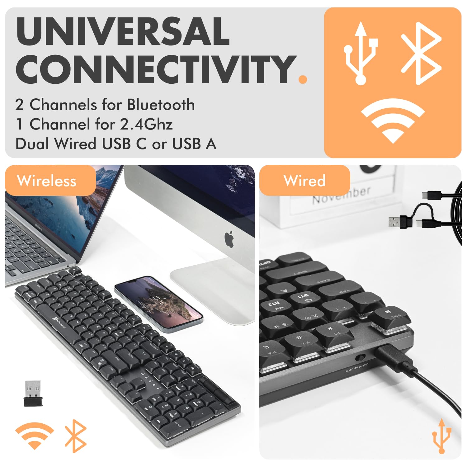 X9 Performance Tastiera meccanica wireless a basso profilo (cablata + BT + 2,4 Ghz) - Connettività tripla modalità, interruttori rosa, retroilluminata, 107 tasti, ricaricabile, tastiera meccanica