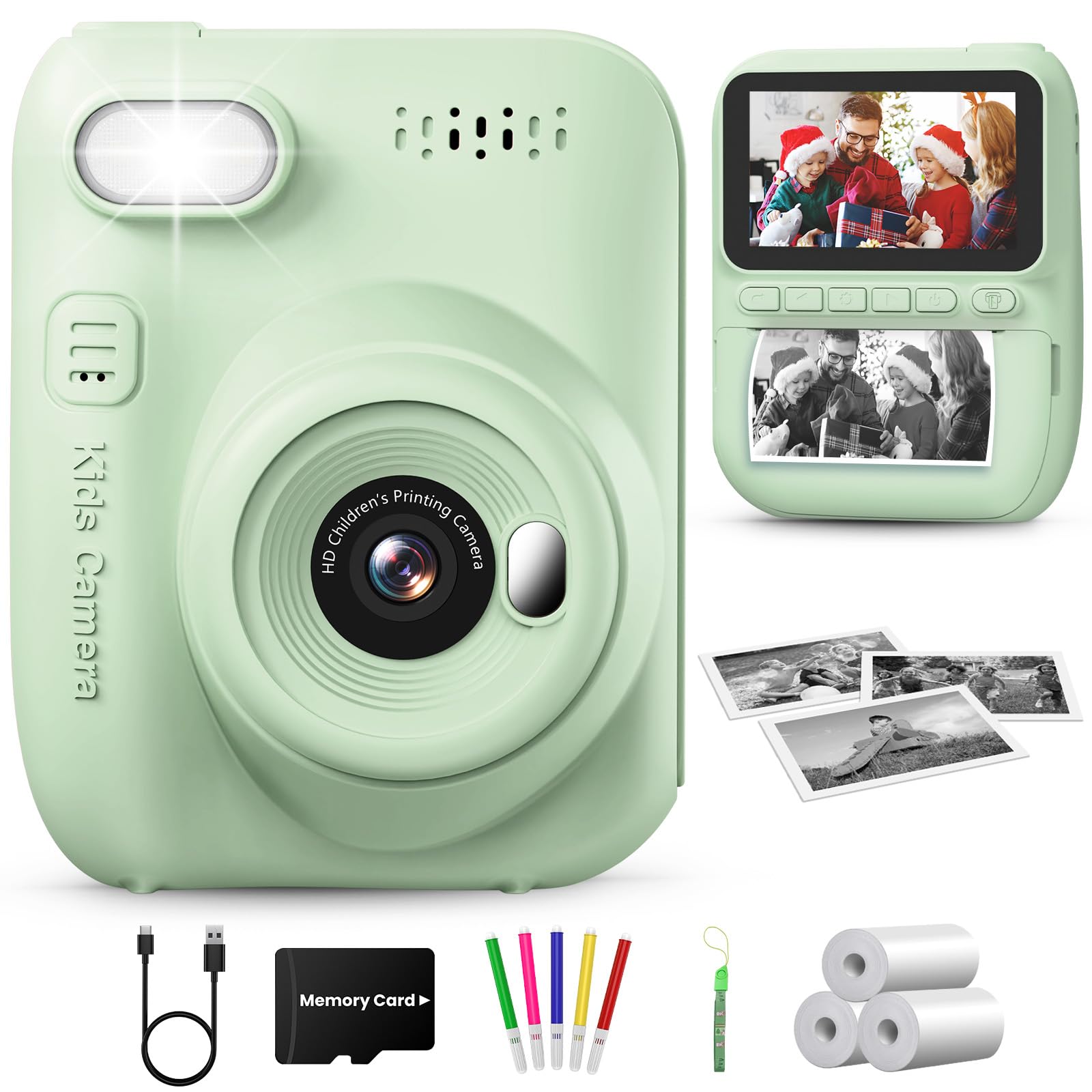 GREENKINDER Macchina Fotografica Bambini Istantanea,3,0 Pollici 14MP Fotocamera Istantanea Bambini Scheda Memoria,1080P Fotocamera Digital per Bambini,Giocattolo Regalo Natale per Bambino da 3-12 Anni