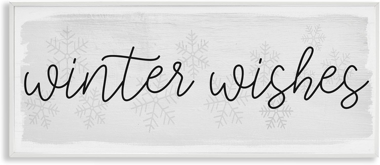 Stupell Industries Winter Wishes Sentiments Geometric Snow Flakes Cursive Typography White Framed Wall Art, 24x10