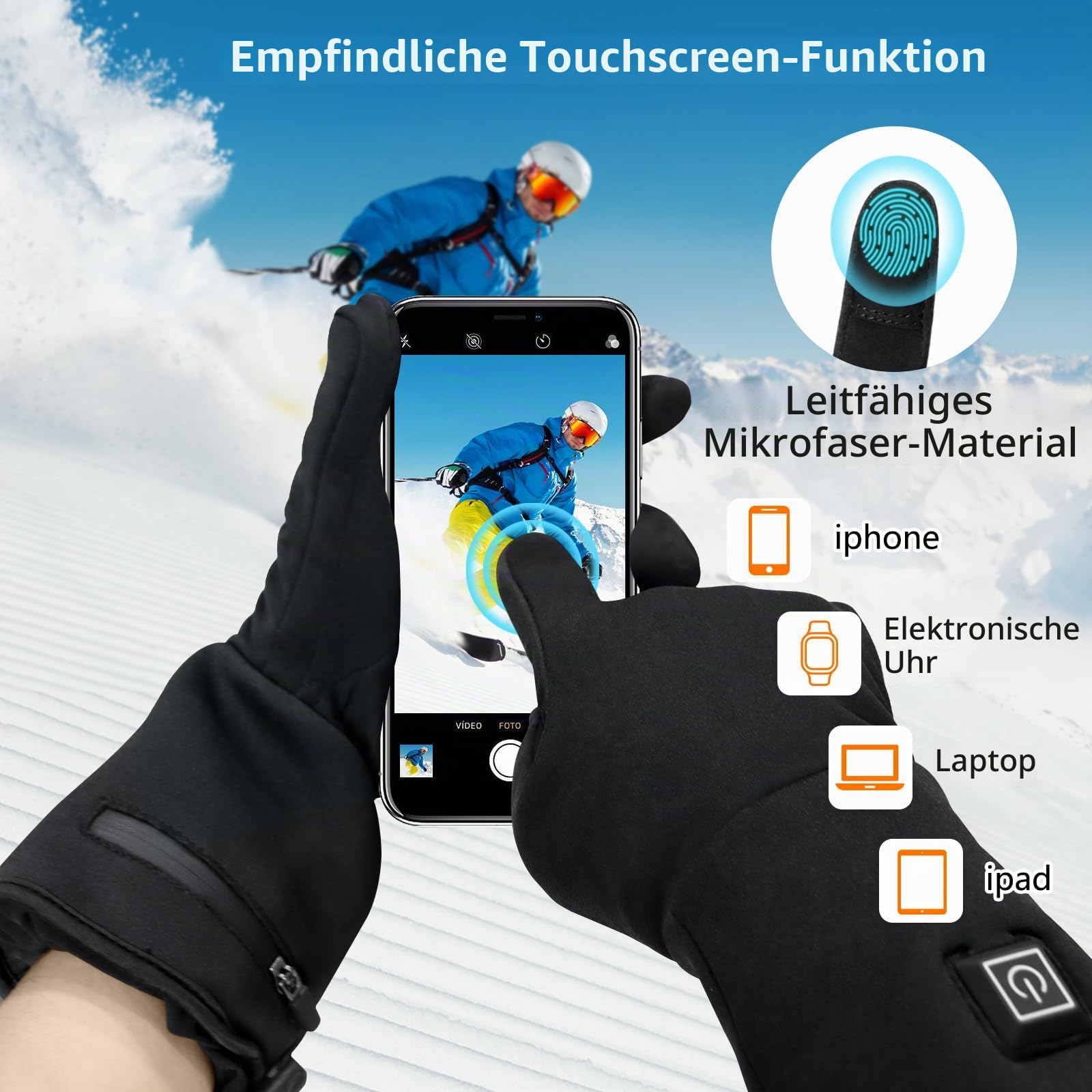 seenlast Beheizbare Handschuhe Damen Herren, 3 Heizstufen Wasserdicht Touchscreen Winterhandschuhe für Wintersport, Motorrad, Skifahren, Klettern,Wandern