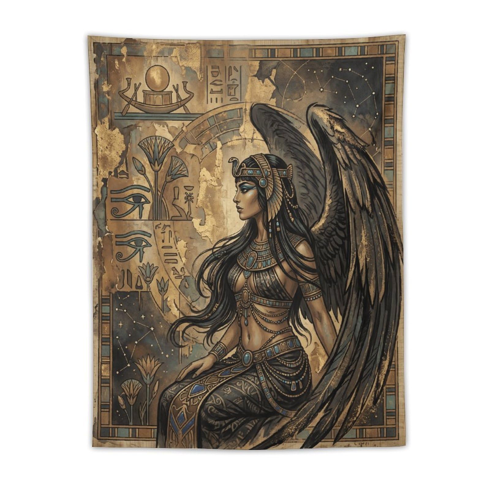 W7C8U2X3 Egyptian Winged Goddess Portrait Wall Tapestry, Egyptian Papyrus