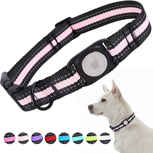 ARING PET Collar reflectante para perro, collar de perro Airtag rosa suave, collar de nailon ligero ajustable para perros de boda con soporte Airtag