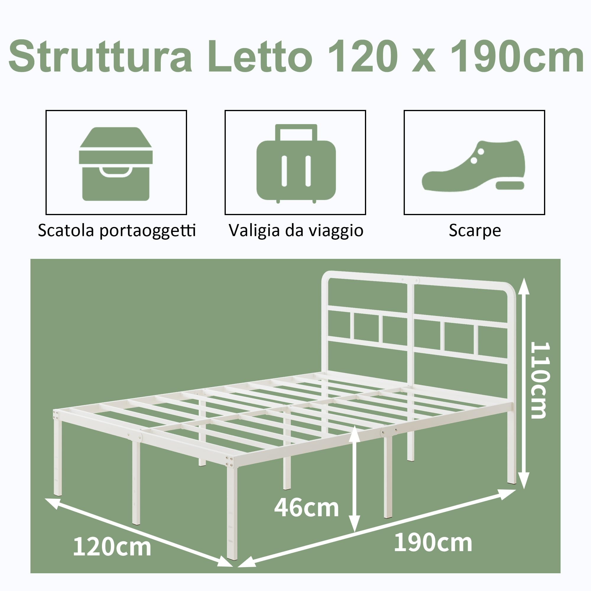 Lutown-Teen Letto una Piazza e Mezza 120x190 cm con Testiera Curva, Struttura Letto Alta 46 cm con Doghe in Metallo, Giroletto con Contenitore Sottostante, Montaggio Facile, Silenzioso, Bianco