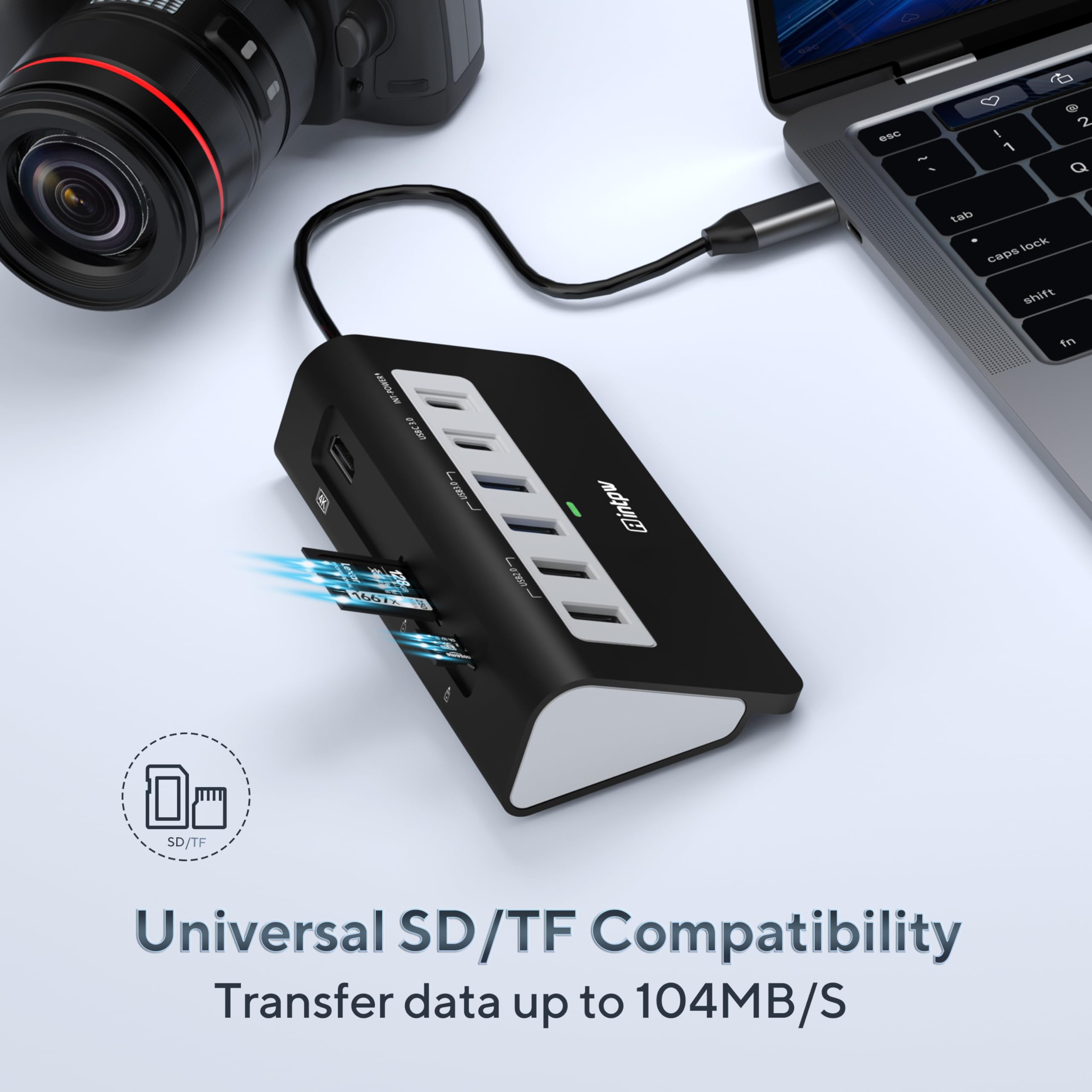 INTPW Hub USB C P9, adaptateur multiport USB 9 en 1 avec HDMI 4K, PD 100 W, USB-C et 2 USB A 3.0 5 Gbit/s, 2 USB A 2.0, lecteur de cartes SD/TF, hub USB alimenté en aluminium pour PC, iPhone 16/15