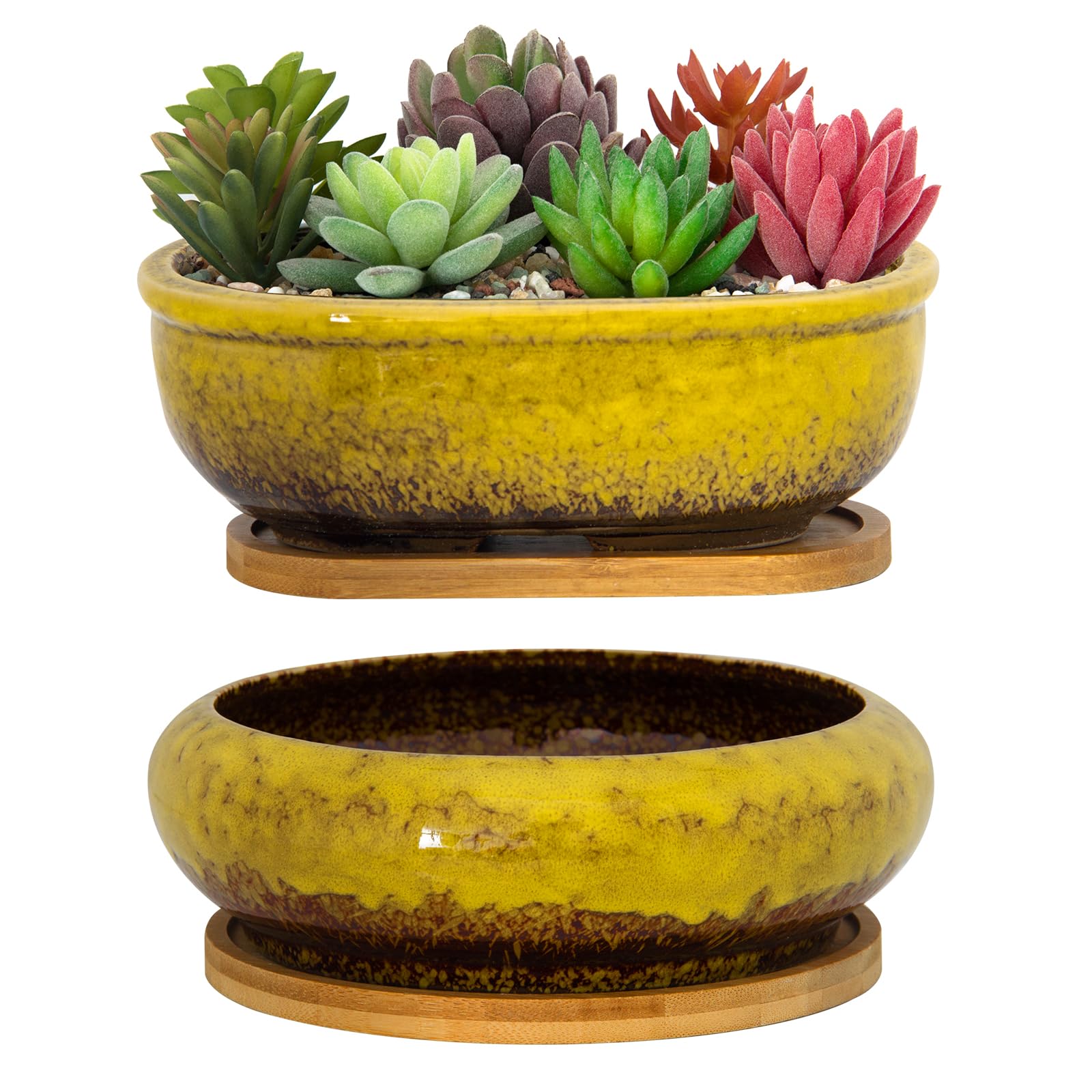 ARTKETTY Succulent Plant Pot - Large Ceramic Bonsai Pot with Drainage Tray, 1 Rectangle Planter + 1 Round Plant Pot for Indoor Cactus Flower Plants Decorative Garden Home