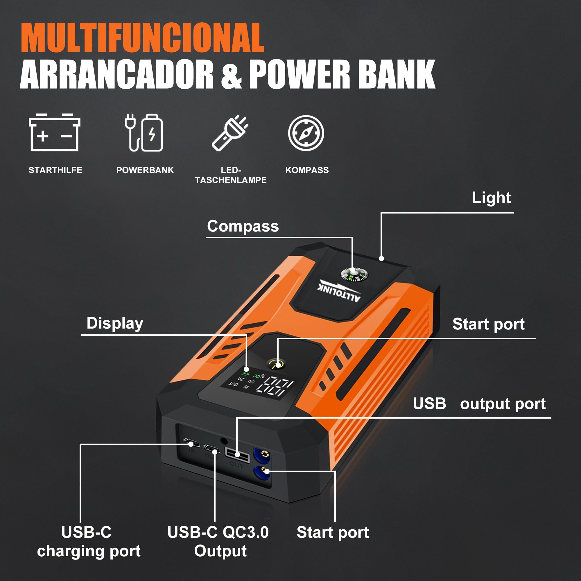 Arrancador de Baterias de Coche 3000A 26640mWh, Carga Rápida 20W, Booster Bateria 12V (para Gasolina o Diésel), Arrancador de Coches Portatil con Pantalla y Linterna LED de 4 Modos