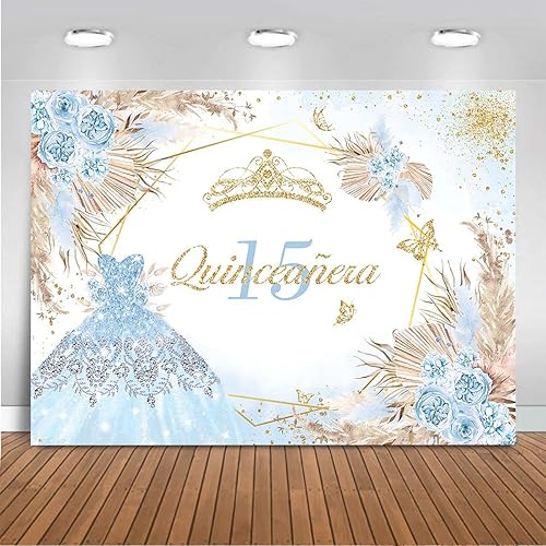 Mocsicka Quinceanera - Telón de fondo de cumpleaños número 15, para mujeres y niñas, bohemio, elegante, flores rosadas, fondo de vinilo bohemio,