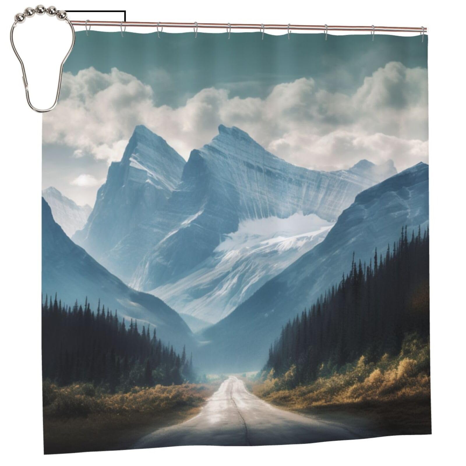 BWWHCCTI Mountain Landscape Printed Shower Curtain With 12 Iron Hooks Opaque Quick Drying Waterproof Shower Curtains Sets For Bathroom 183x183 CM
