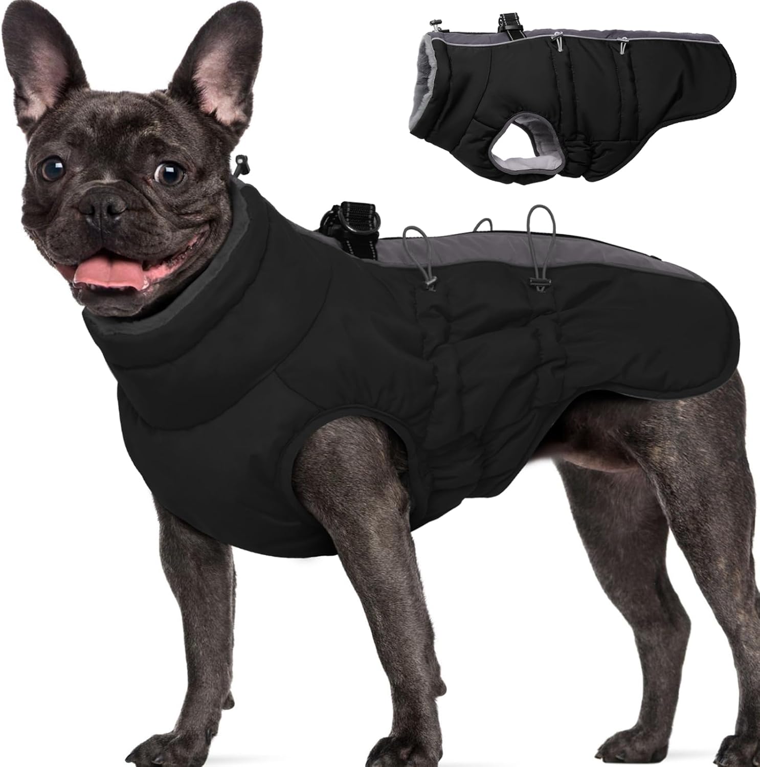 Medium Dog Coat - Warm Zip Up Snowsuit Dog Harness Vest, Reflective, Water-Resistant, Black
