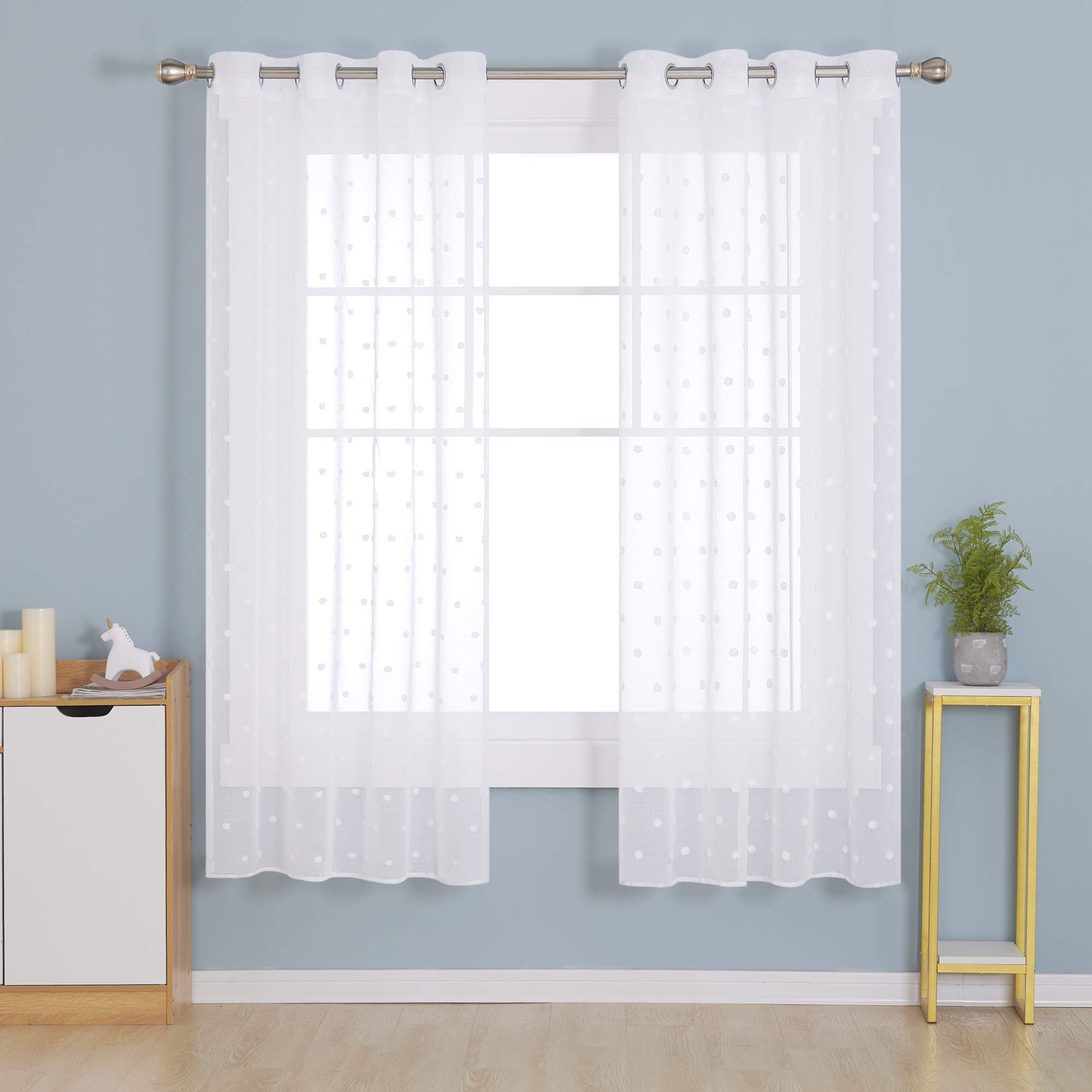 Deconovo Set of 2 White Jacquard Voile Curtains with Eyelets for Children's Room, Office, 140 x 240 cm โ image 1