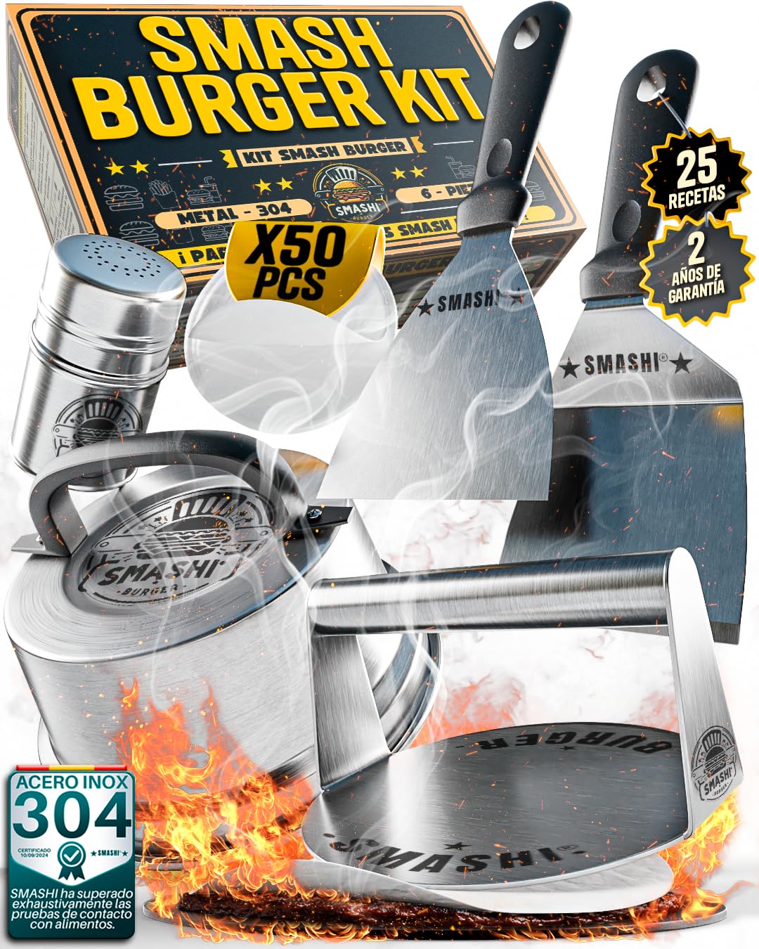 SMASHI® Zestaw Smash Burger Stal Nierdzewna 304 – Młotek, Szpatułka Smash, Pokrywa Smash, Prasa do Hamburgerów i Papiery Antysklepowe | Zestaw Profesjonalny do Kuchni, BBQ i Restauracji (ZAAWANSOWANY)