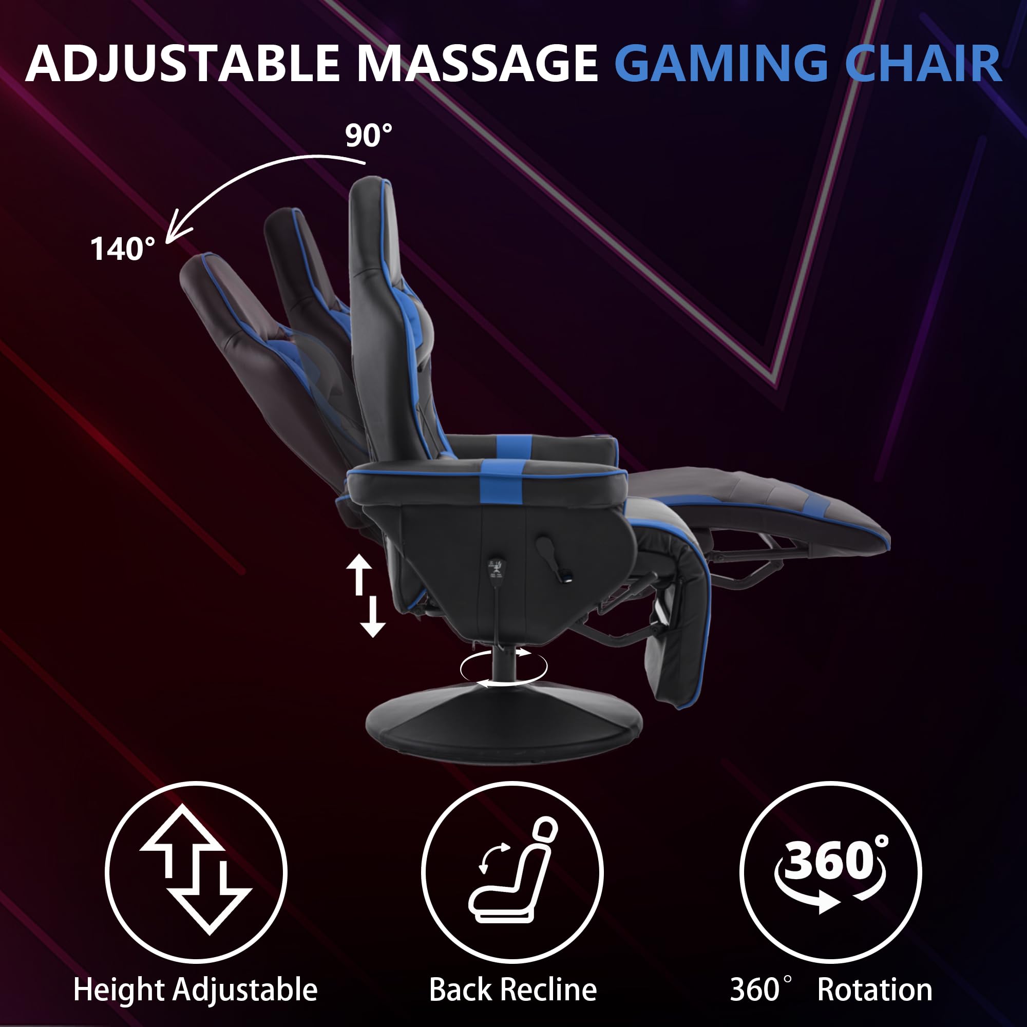 IBXFO Gaming Chair with Massage for Adults, Comfy Reclining Gaming Chair with Footrest, Adjustable Backrest and Cup Holder, Black