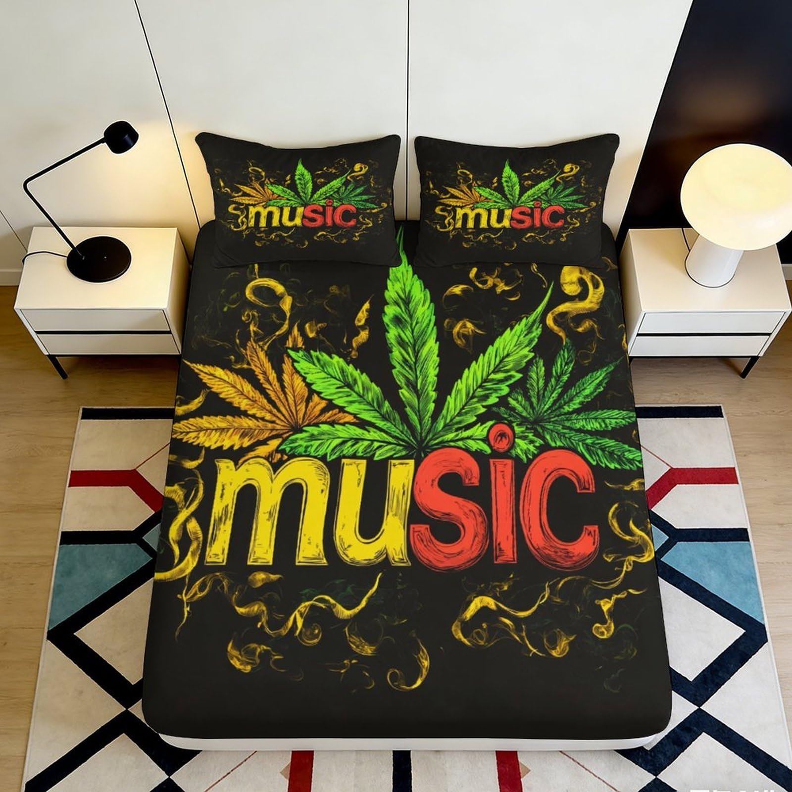 Pnayamiorkfel Style-9 3D Printed Music Leaf Fitted Sheet Microfiber Soft Bed Cover Colorful Bedroom Decor Anti-Slip Machine Washable 90X200x25cm