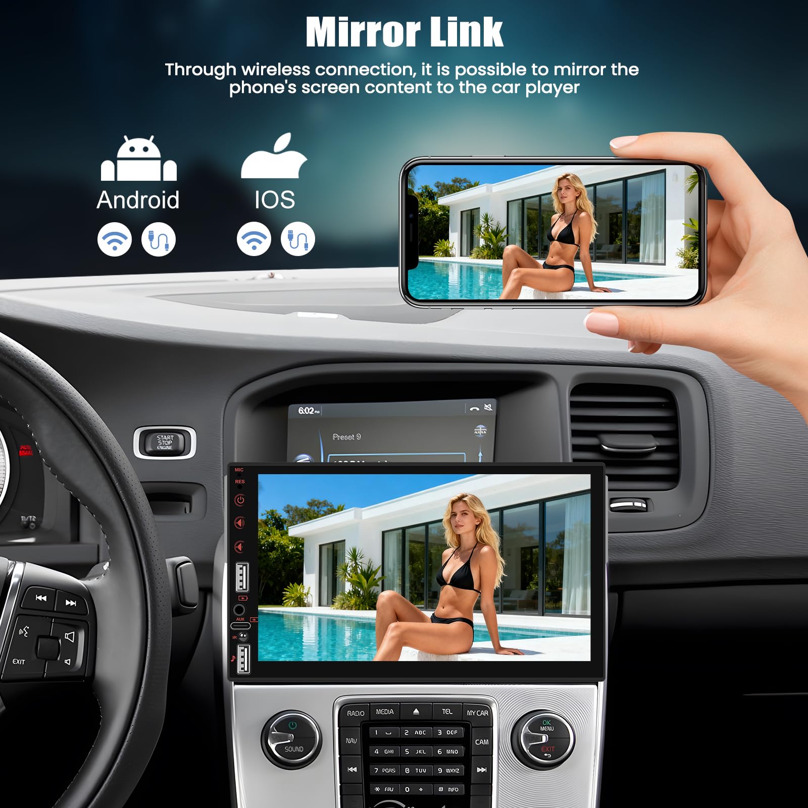 [WIRELSS] CAMECHO 7-calowy bezprzewodowy odtwarzacz samochodowy 1 DIN z dotykowym ekranem LCD obsługa CarPlay i Android Auto Bluetooth FM EQ USB/TF AUX-in + SWC