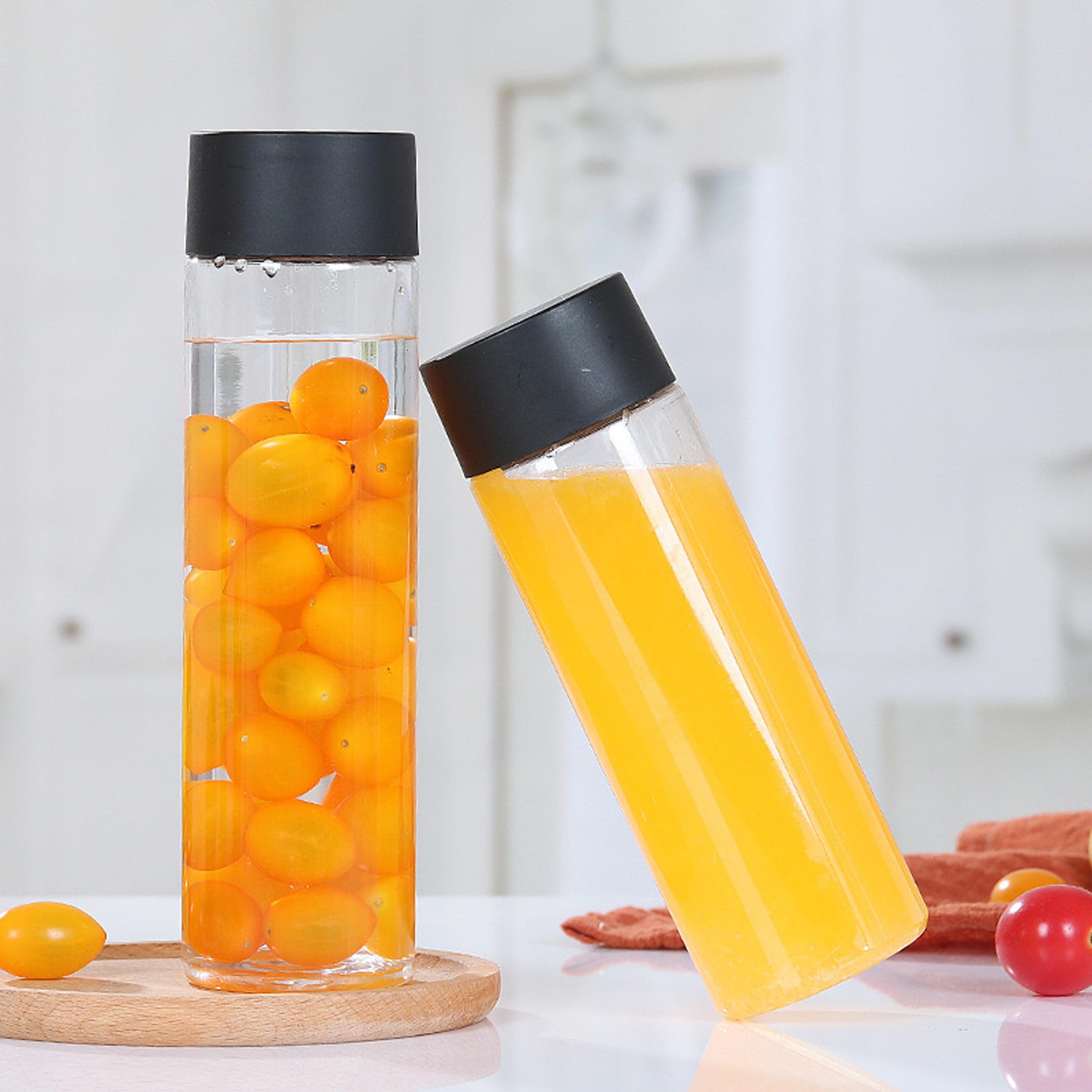 Lot de 6 bouteilles vides en plastique avec couvercles noirs, 350 ml, transparentes, réutilisables, smoothies sensoriels en PET pour boissons et lait faits maison