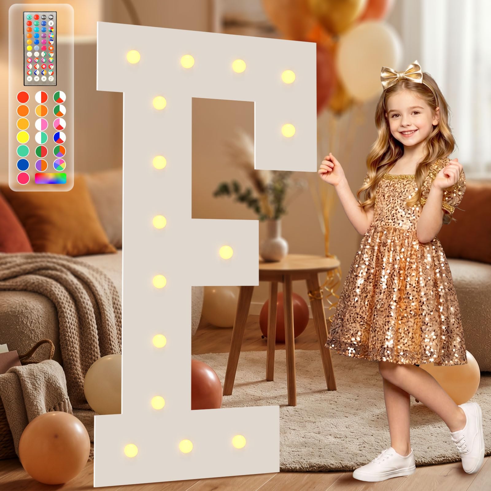4FT Marquee Light Up Letters, 34 Colors Changing Marquee Letters F with Remote,Weighted Water Bag, Pre-Cut Foam Board Set Can Be Used for Birthday Party Grad Prom Party Decoration Wedding Event Baby