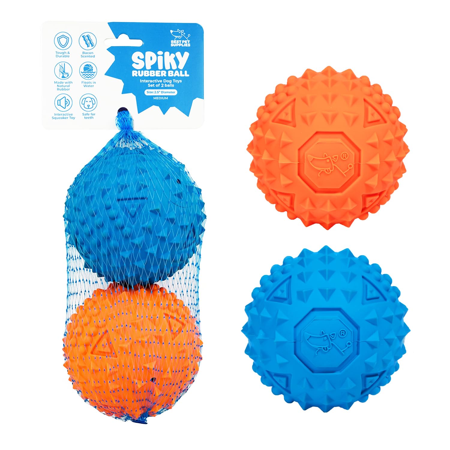 Best Pet Supplies Squeaky Rubber Spiky Ball Dog Toy Durable Non-Toxic Perfect for Aggressive Chewers Spiked for Dental Health Interactive Dog Toy