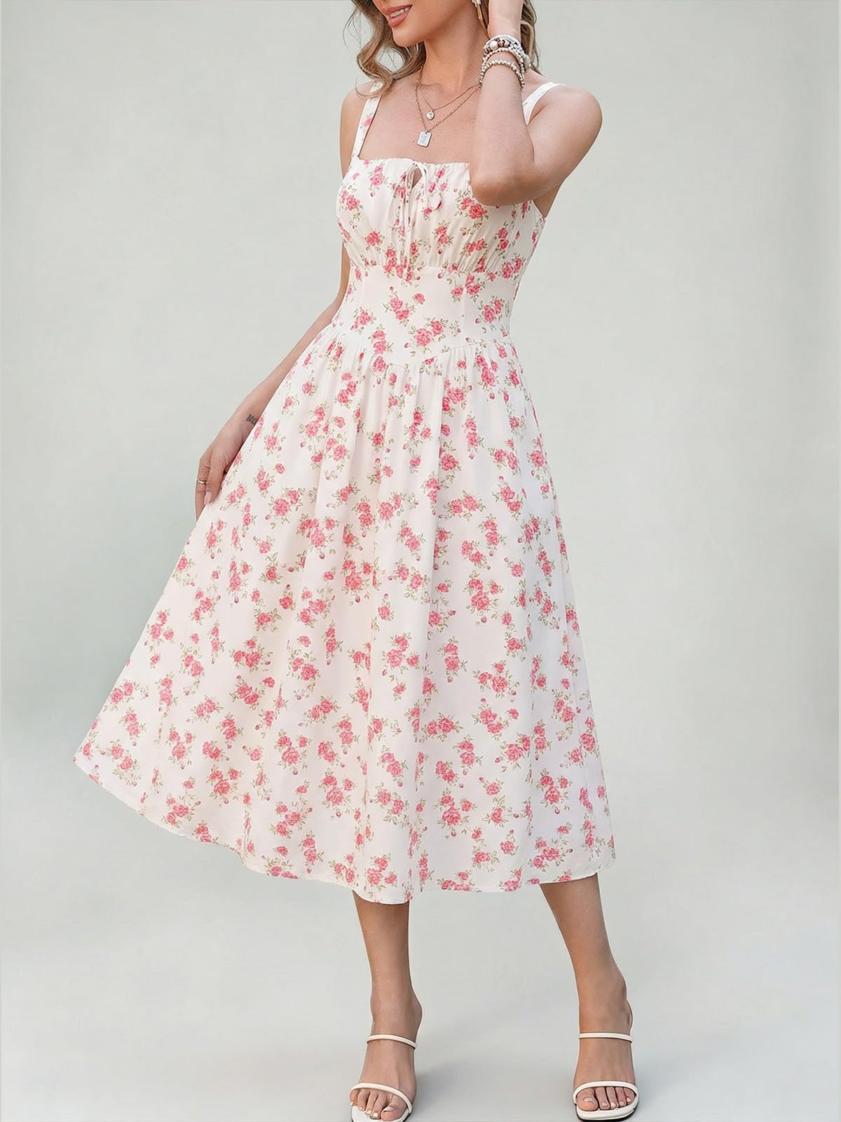 Cicy Bell Abito Estivo da Donna, con Motivo Floreale, Senza Maniche, con Spalline