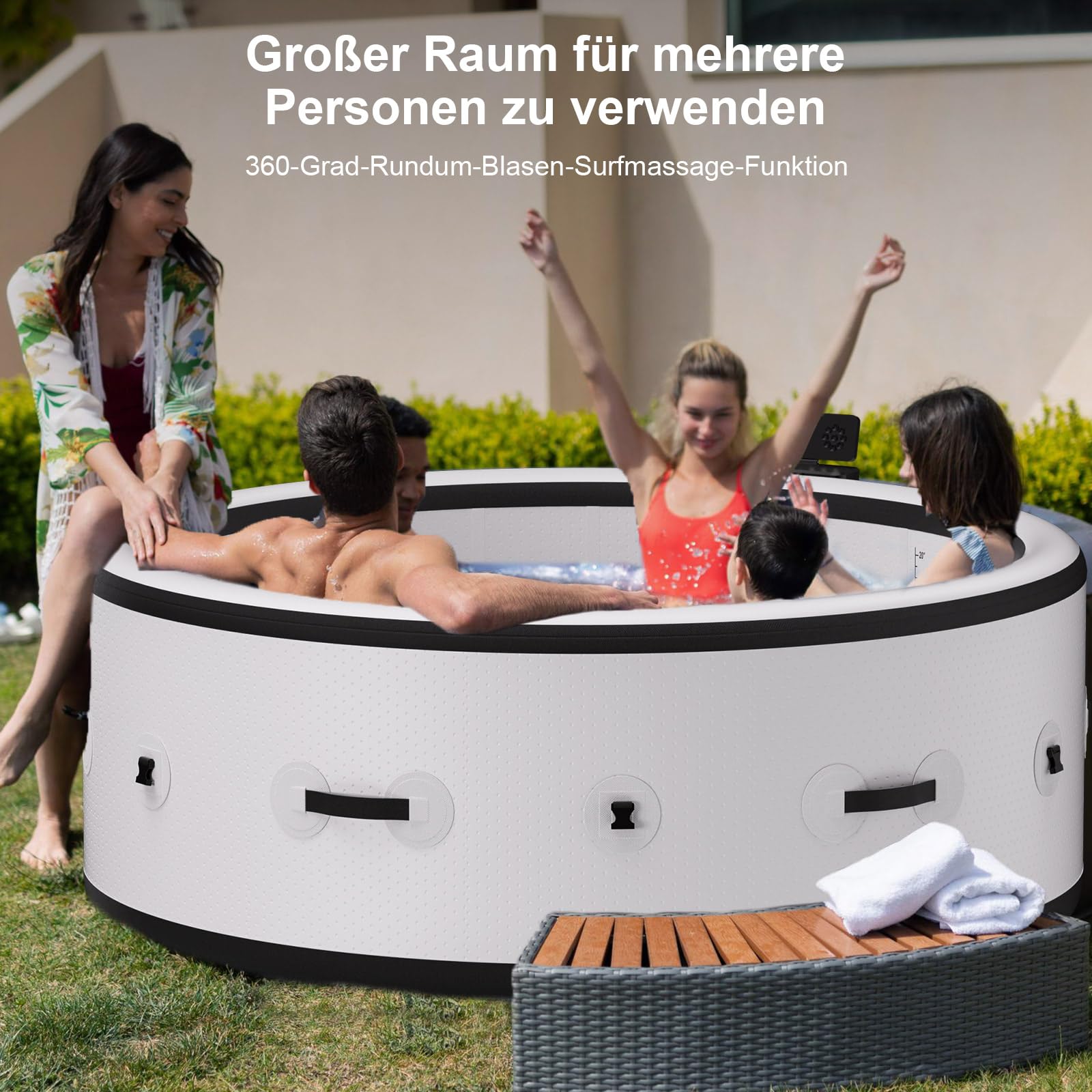 B&Y Whirlpool mit 3-stufiger Wellenfunktion und 6 Ambientebeleuchtung | Isolierte Abdeckung，Automatische Inflation & Deflation，Heizfunktion，Robuste Materialien