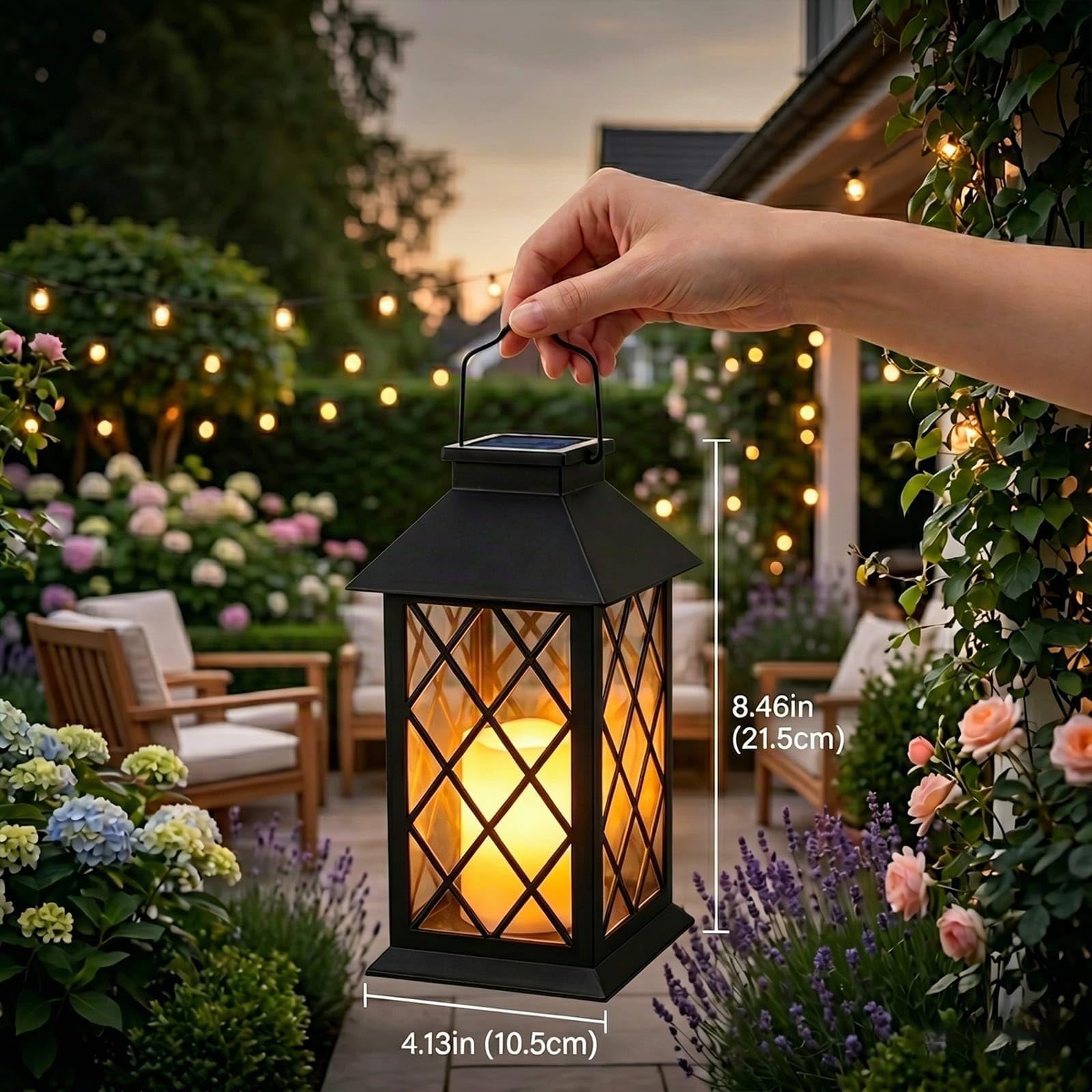 Yowin Farolillos Solares Exterior 2 Piezas 22cm Grande Lampara Jardin con Vela Parpadeante, Vidrio Templado, Farol Solar Impermeable Lintern Exterior Mesa para Adornos Jardin Terraza Balcón - Negro