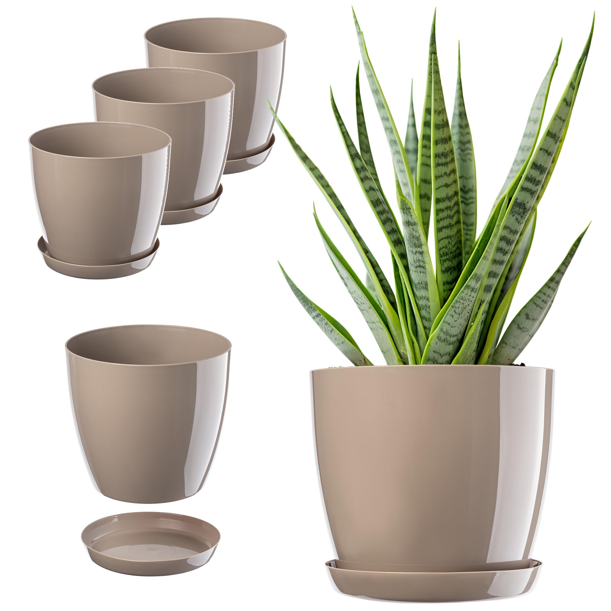 KADAX - Set di 3 vasi da fiori con sottovaso - Vasi da fiori rotondi in plastica per