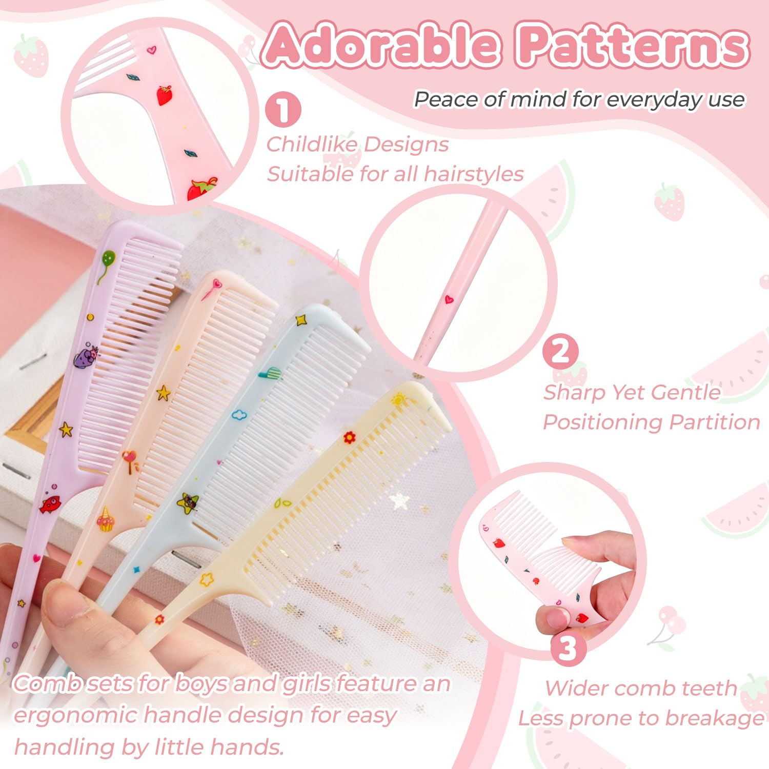 4Pcs Cute Comb，Hairs Brush Set Fine-tooth Comb & Rat-Tail Comb, Suitable All Hair Types (Style A)
