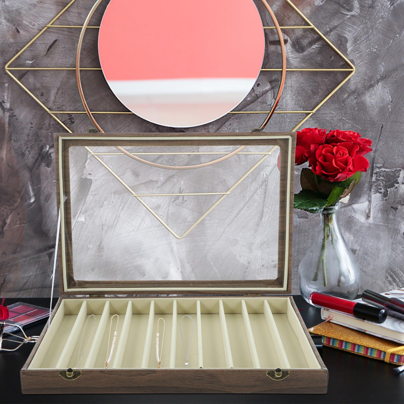 FOMIYES Schmuckkästchen mit Glasdeckel 10 Fächer Kompakter Schmuckorganizer Optik Aufbewahrungsbox für Ringe und Halsketten Mobiler Reise Organizer