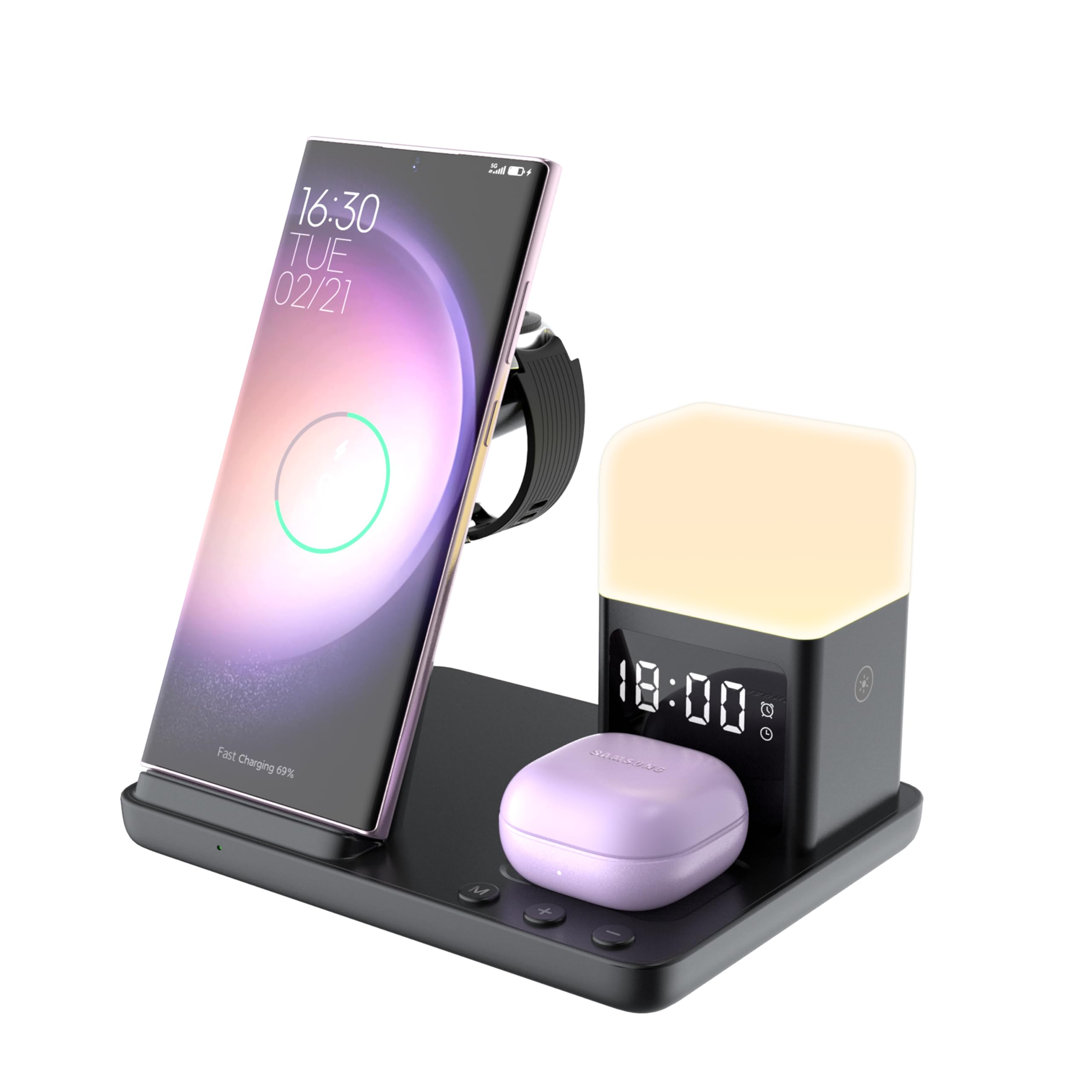 6in1 Kabellose Ladestation für Samsung Ladestation für mehrere Geräte mit Wecker & Nachtlicht Nachttisch Ladestation für Samsung S26 25 24 23 22 Ultra für Galaxy Watch