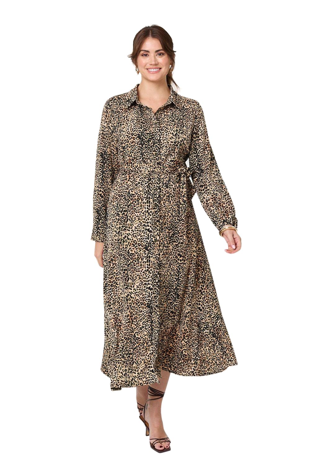 Izabel London Women's Green Animal Print Tie Waist Midi Shirt Dress In | Size: 8