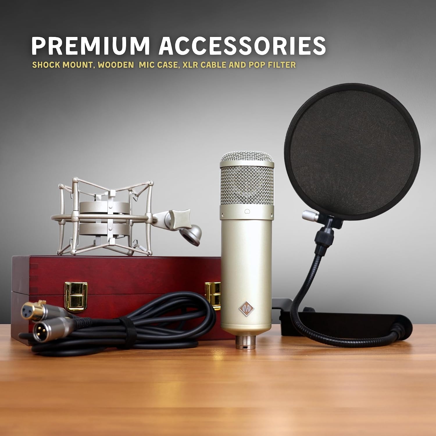 Melon Audio MA-47 Studio Condenser Microphone, 34mm Vintage Gold Large Diaphragm Capsule - Includes Pop Filter, Metal Shock Mount, XLR Cable and Wooden Mic Case - for Professional Vocal Recording