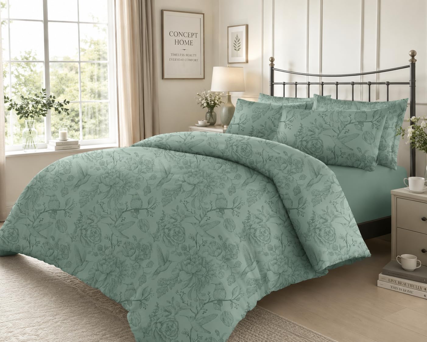 CONCEPT HOME Birdie 100% Cotton Sateen Duvet Cover Set with Pillowcases, Luxury Soft Floral Bedding Set, Double Size, Sage Green, Reusable Fabric Bag Packaging