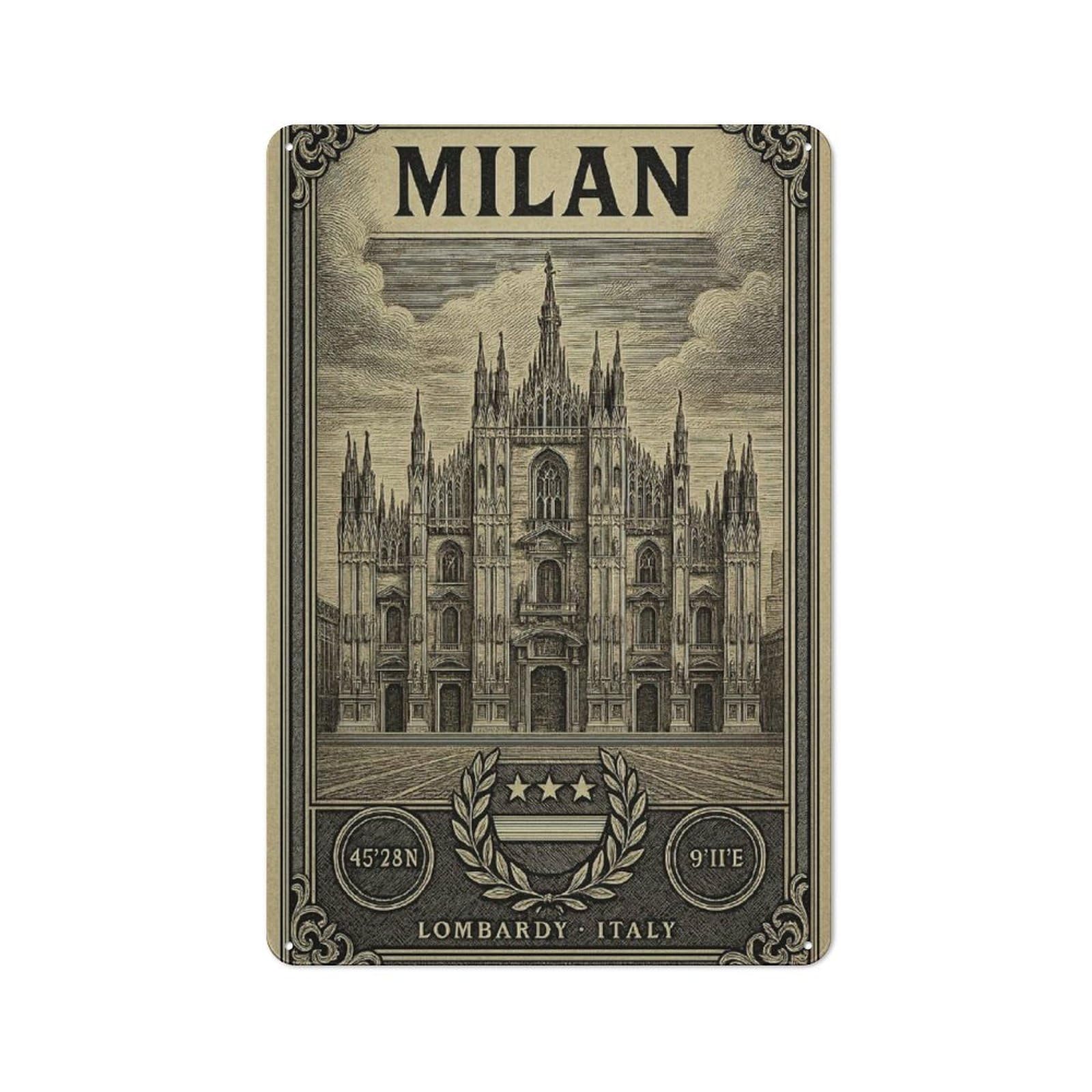 Junmoney Style-16 Vintage Milan Cathedral Vintage Travel Vintage Metal Sign 30X20cm, Restaurant Wall Art For Takeaway, Bar, Kitchen Or Counter Area