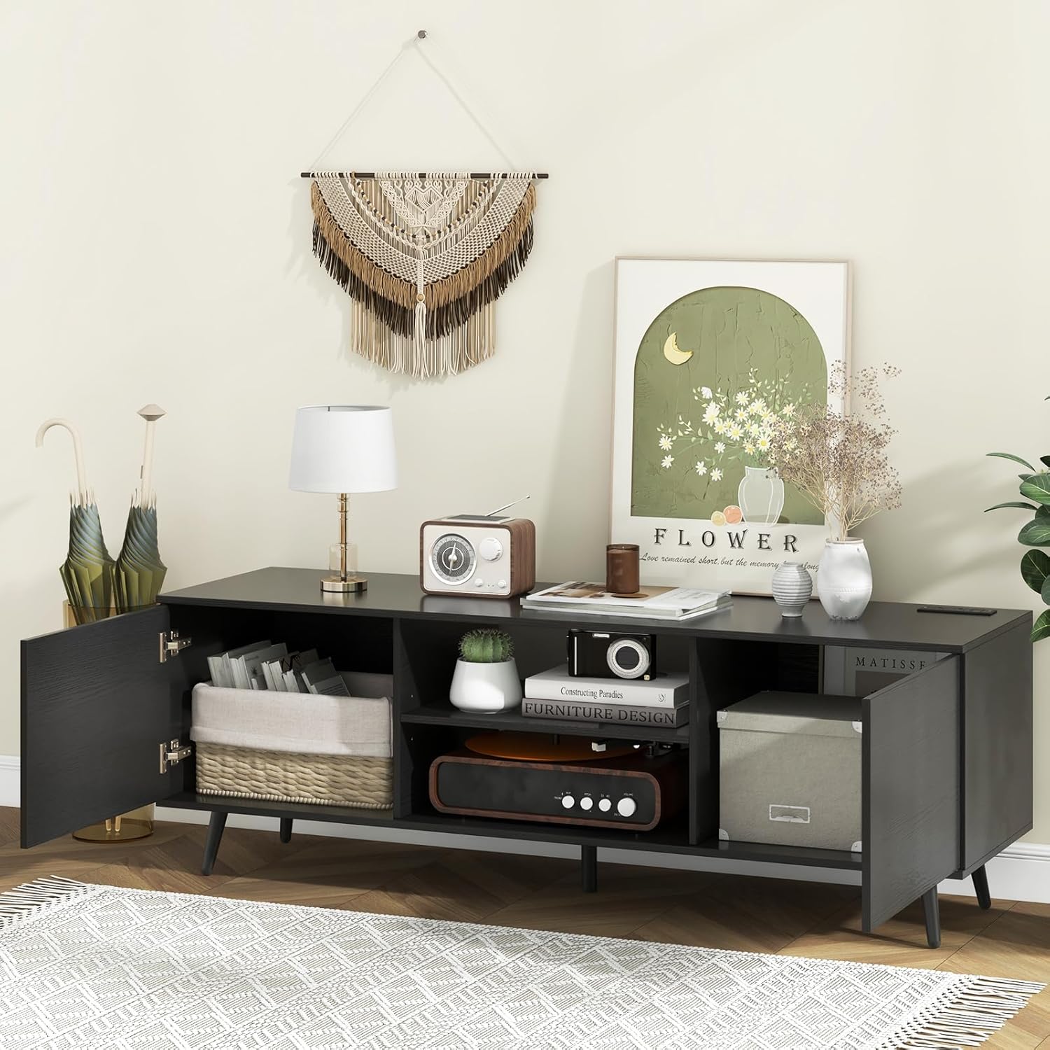Giantex TV Stand with Power Outlet for TVs up to 60'', Entertainment Center with Cable Hole, Cabinets, Adjustable Shelf, Modern Media Console, Television Stands for Living Room Bedroom (Black)