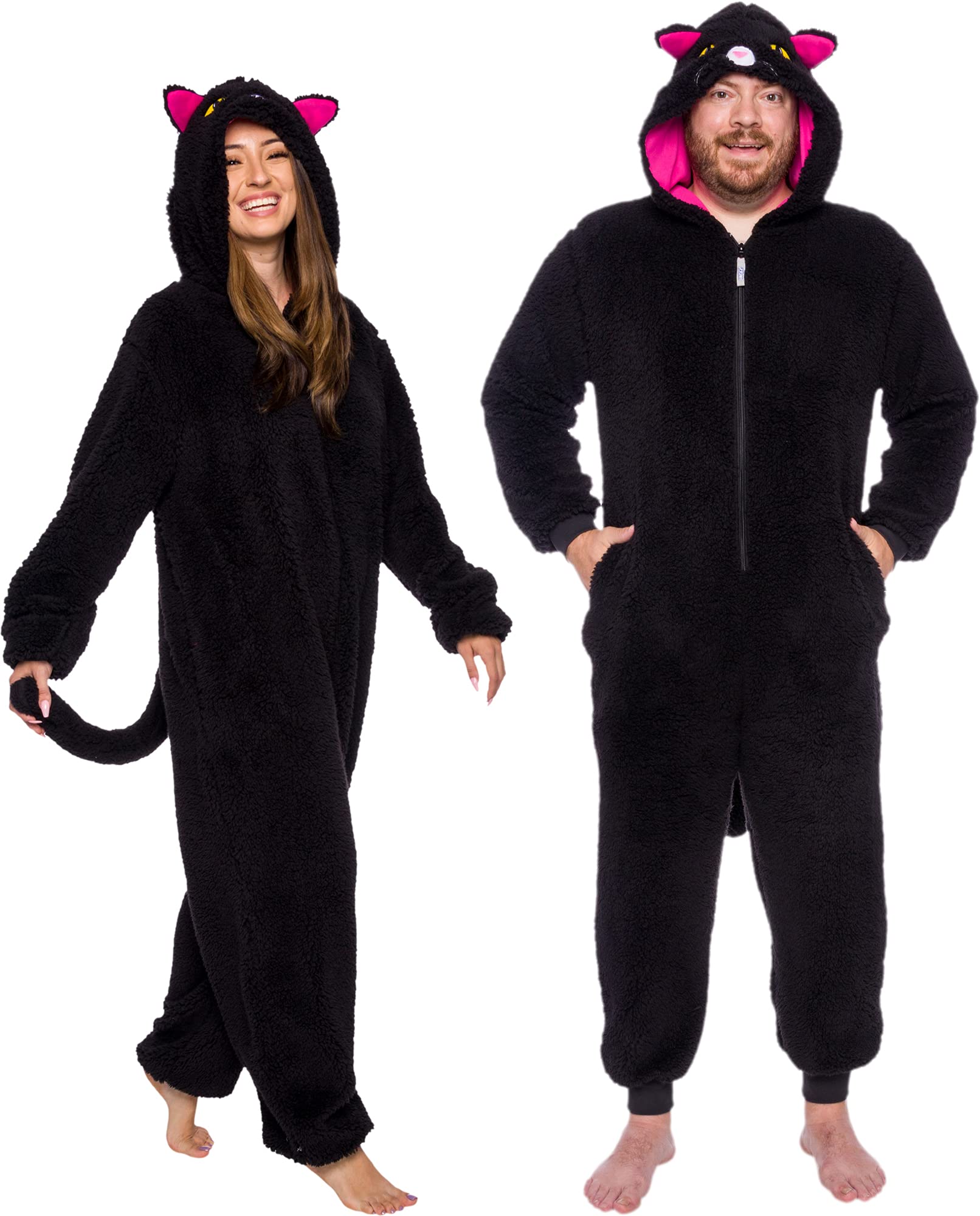 Funziez! Adult Unisex Sherpa Cat Pajamas - Plush One Piece Animal Costume - Comfortable Jumpsuit, Black, Large