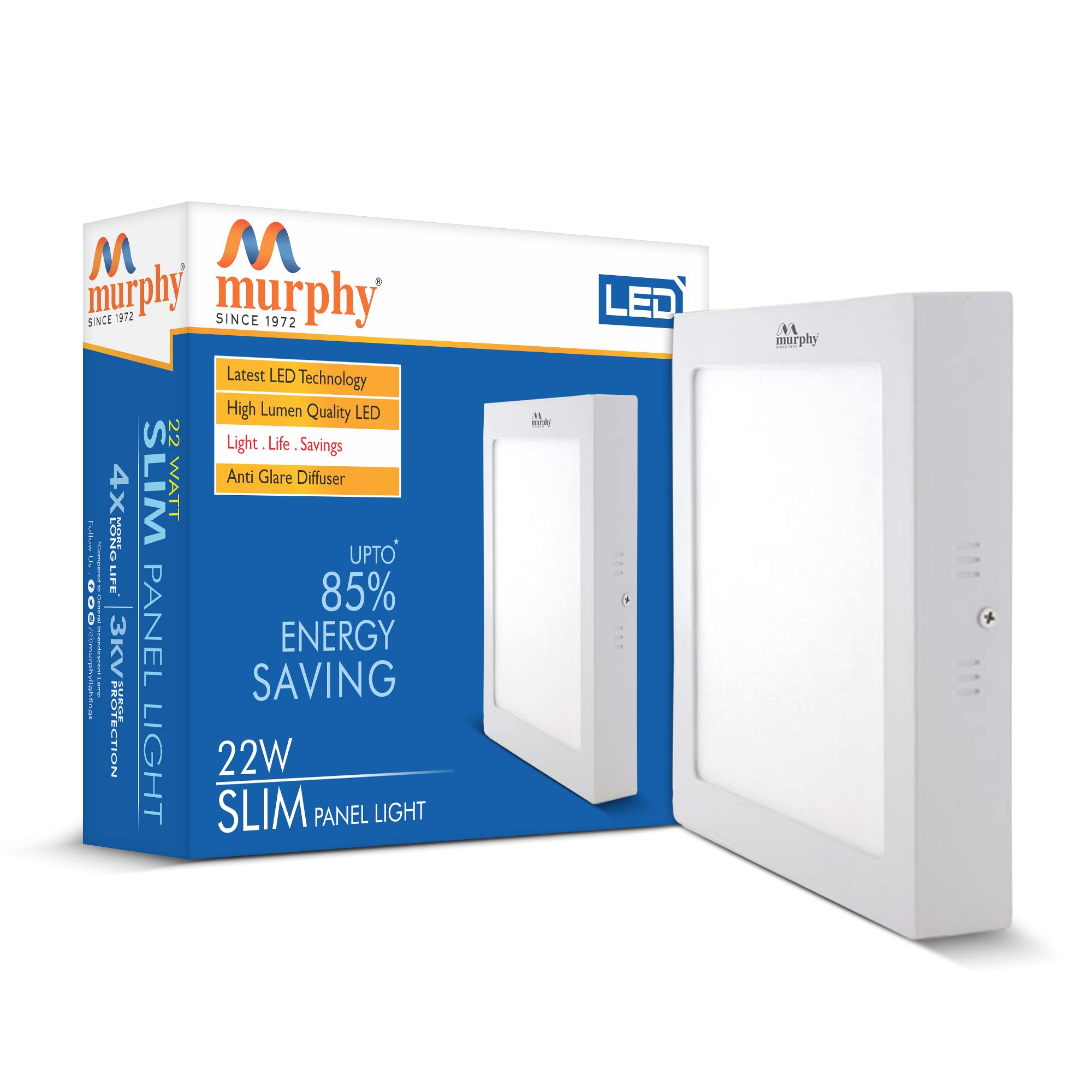 Murphy Aluminium 22-Watt Slim Square Led Surface Mount Panel Light (Cool White, Pack Of 1), No False Ceiling Required