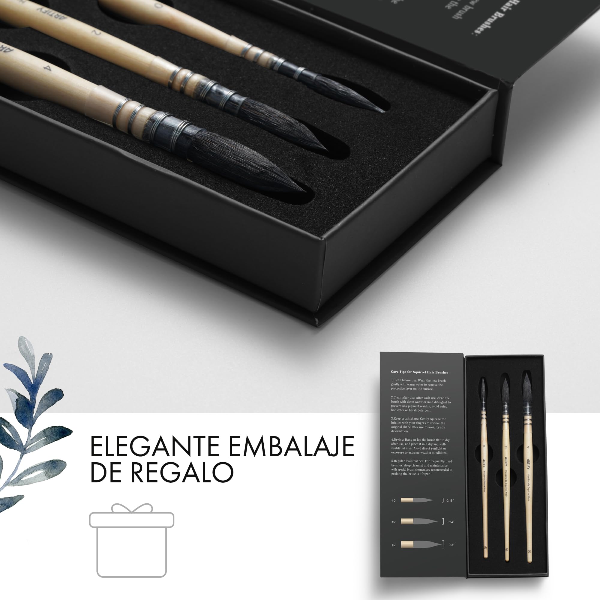 ARTIFY 3 Pinceles Acuarela Pelo de Ardilla Natural Alta Absorción #0, 2, 4 | Hechos a mano por artesanos,Pinceles Redondos con punta fina, Virola engarzada, Mango FSC, Elegante caja de regalo