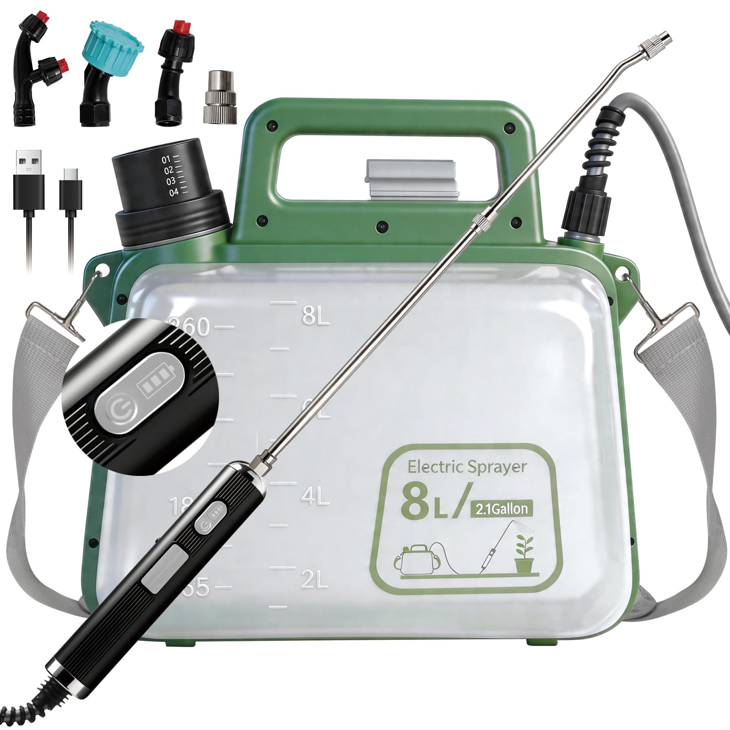Photo 1 of 2 Gallon Electric Garden Sprayer, 7.4V Battery Powered Sprayer with USB Rechargeable Handle, Telescopic Wand, 4 Adjustable Nozzles, Battery Indicator, Shoulder Strap for Lawn, Plant Watering & Yard