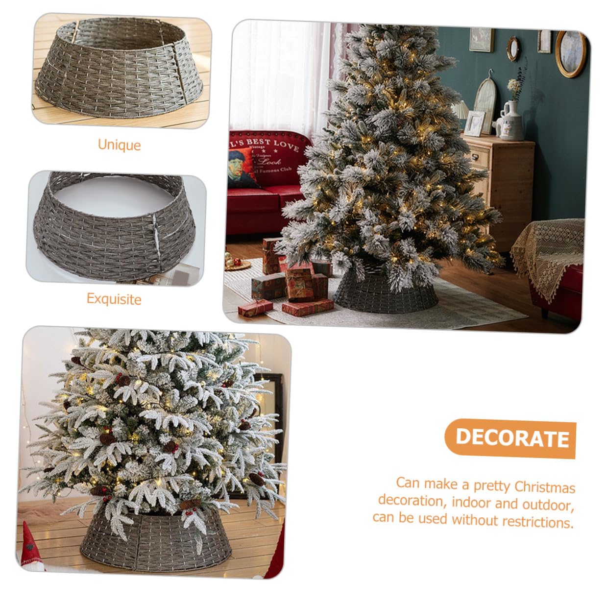 Falda de Árbol de Navidad Pequeña Gris Collar Rústico Tejido a Mano para Soporte de Árbol Artificial Cubierta Decorativa para Base Adecuado para Hogar y Decoración Navideña