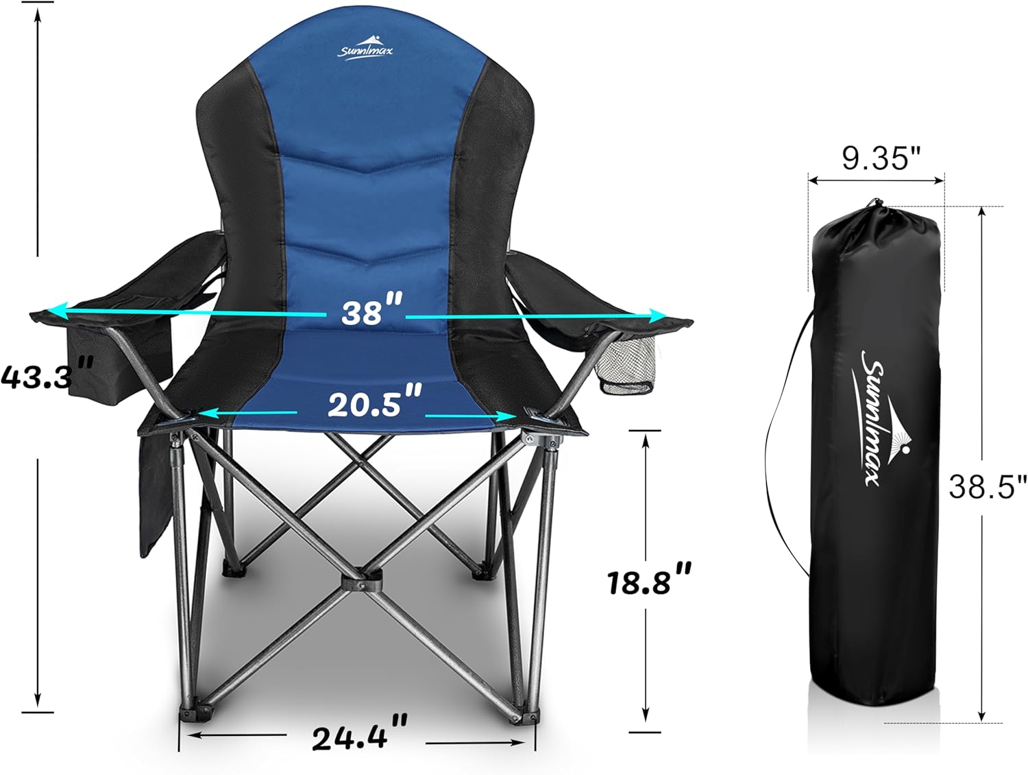 Fully Padded Camping Chair, Oversized Heavy Duty Lawn Chair with Cooler Bag,Side Pocket,Cup Holder Support 400 lbs (Black & Blue)