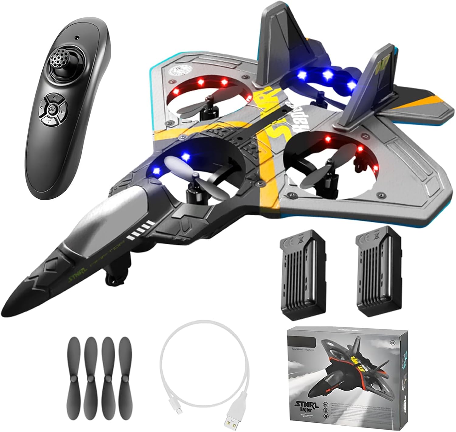 V17 Remote Control Airplane RC Planes, RC Fighter Jet Toy for Kids Adults 8-16, Remote Control Planes with LED Light, 2 Batteries, 360° Stunt Spin, Durable Foam, Gifts for Boys (Grey + 2 Batteries)