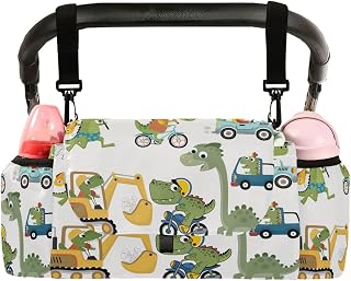 CUPADA Dinosaur Excavator Transportation Universal Stroller Organizer, Cartoon Stroller Organizer Bag with Cup Holders Removable Shoulder Strap Fits Most Baby and Pet Strollers