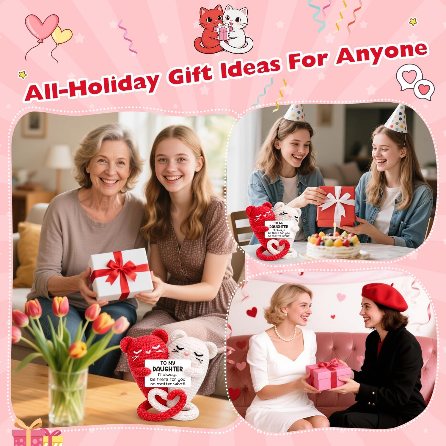 Busy Gaming Life Mothers Day Graduation Gifts for Daughter from Mom Dad, Handcrafted Crochet Hugging Cats Keepsake, Unconditional Love Emotional Support Desk Decor, Birthday Present for Teen Girls