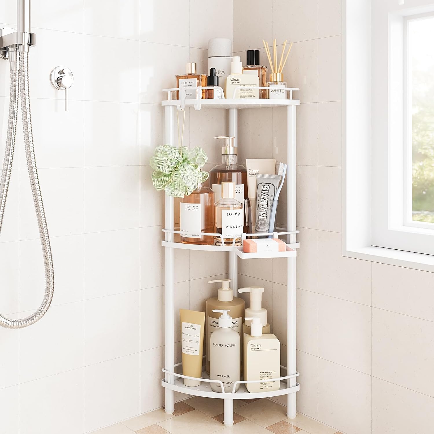 ELYKEN Corner Shower Caddy Standing 3 Tier Rustproof Metal Shower Organizer with Soap Holder Floor Shower Corner Shelf