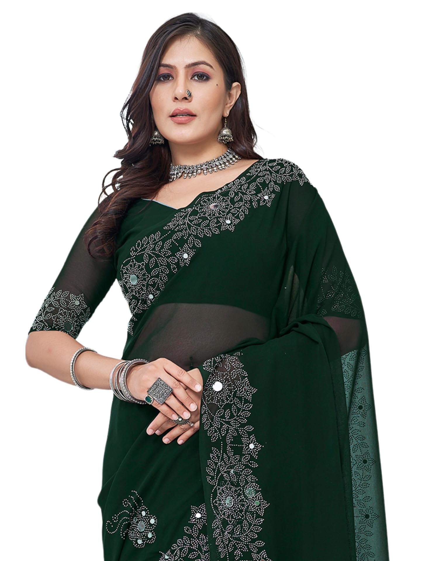 siril Women's Georgette Hot Fixing Mirror and Stone Work Saree With Unstitched Blouse Piece-picture-20