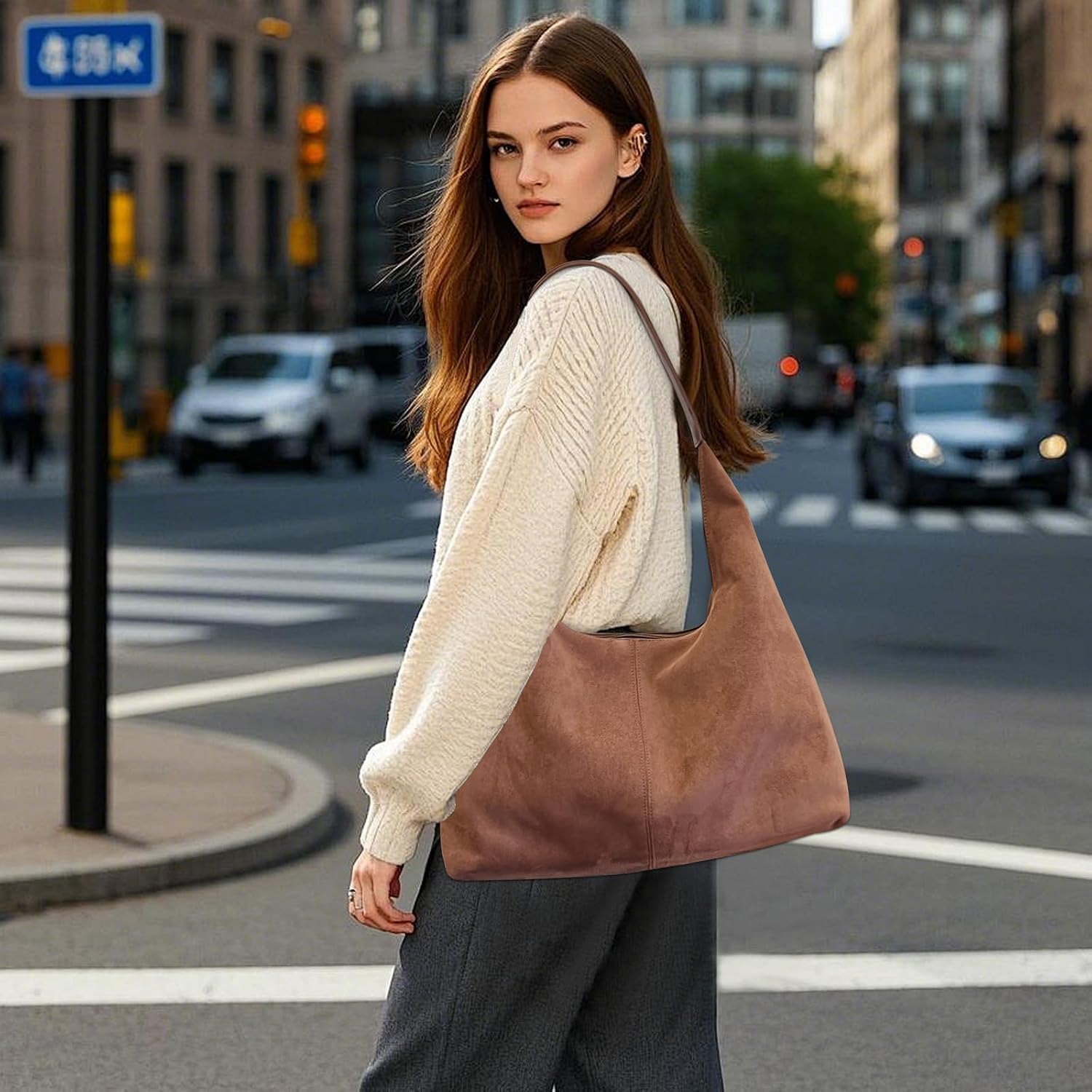 Suede Shoulder Bag for Women Tote Bag Trendy Hobo Bags Work Handbag Suede Purse Travel Underarm Slouchy Bags