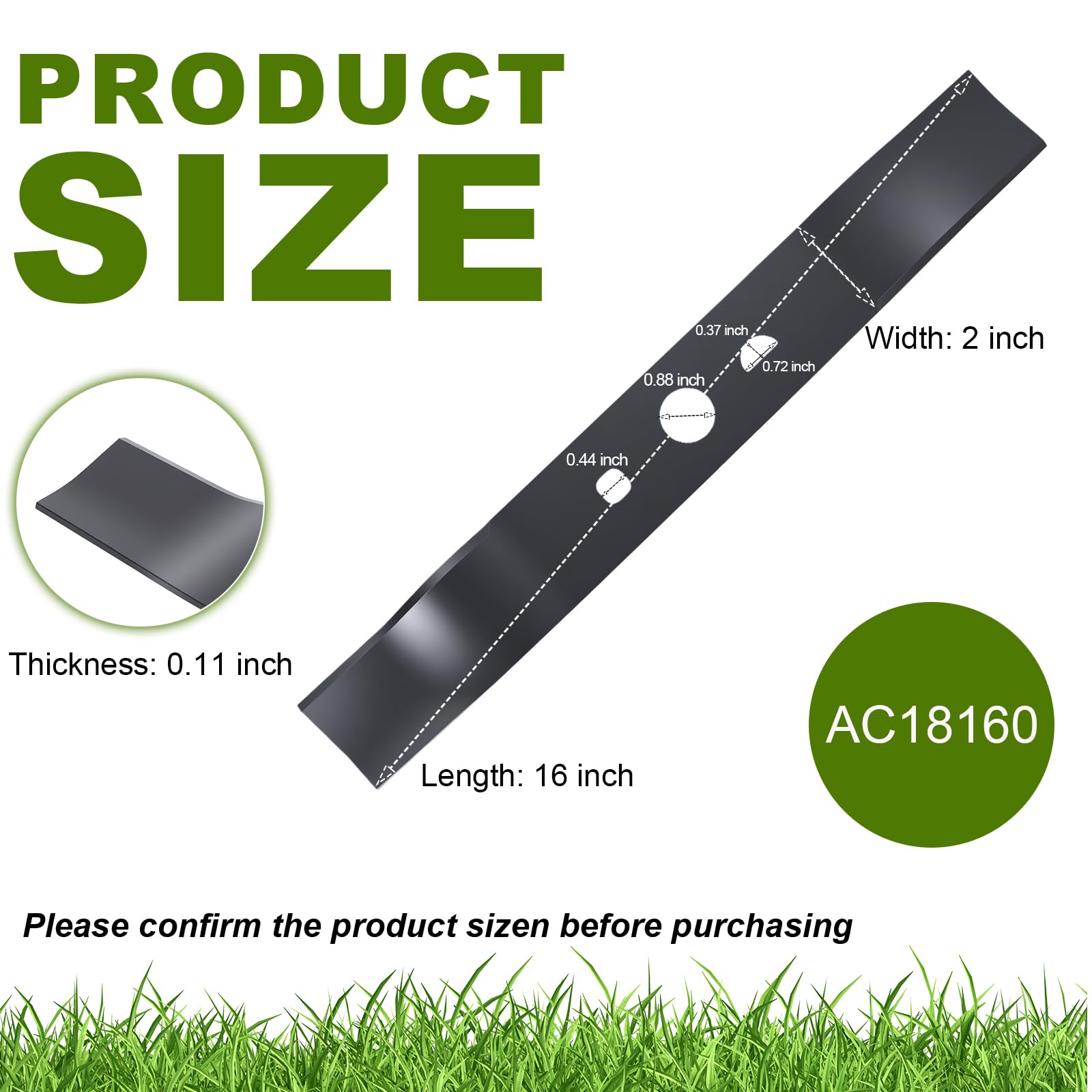 AC18160 - Cuchilla de repuesto para cortacésped, 16 pulgadas, compatible con cortadoras de césped inalámbricas Ryobi de 18 V sin escobillas P1190, hoja de acero de alta elevación, paquete de 2