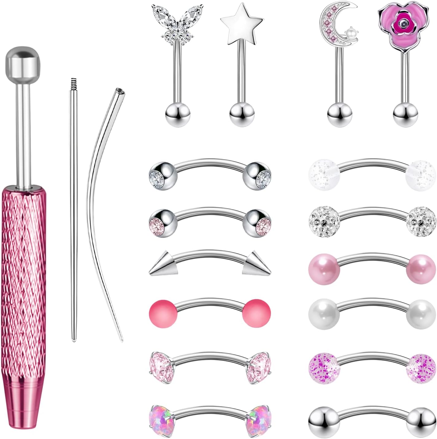 Eyebrow Rook Piercing Jewelry with Tools 16G Stainless Surgical Steel Rook Earrings Curved Barbell Eyebrow Rings Vertical Labret Lip Surface Tragus Frog Eyes Piercing Jewelry