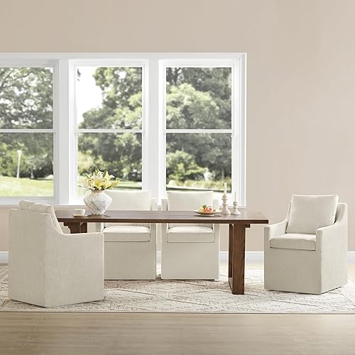 Miniatura 9 de Sillas de comedor tapizadas con ruedas, cubierta lavable, silla de escritorio lateral con rodillos para comedor, sala de estar, beige crema, 1 caja