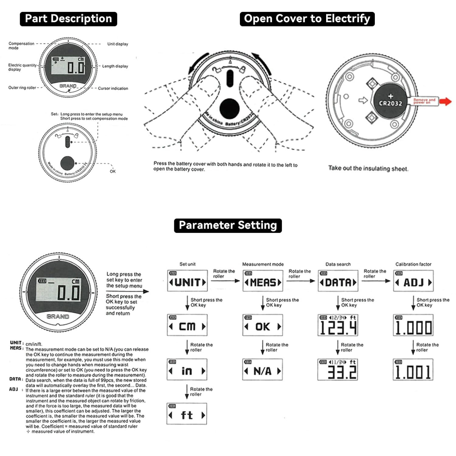 Diagram showing the digital measuring tape's components, including compensation mode, electric quantity display, unit display, length display, outer ring roller, cursor indication, and battery compartment.