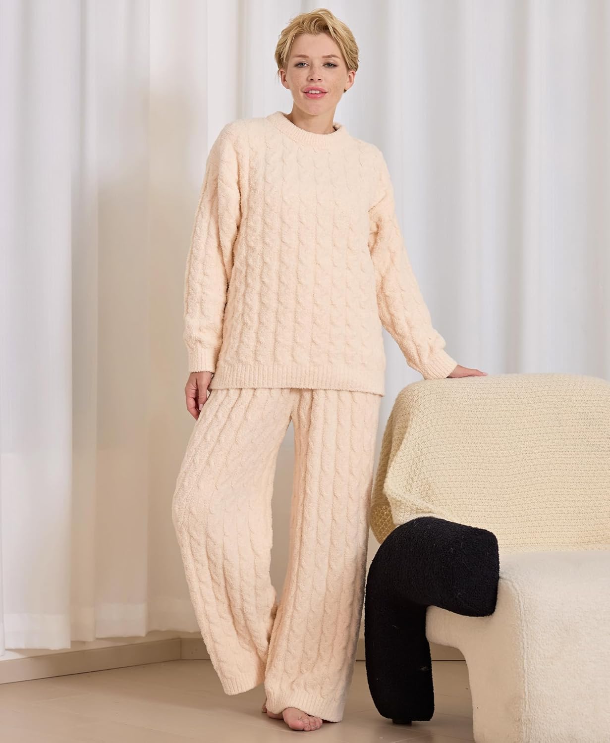 Womens Fleece 2 Piece Pajamas Flannel Fluffy Pullover Pajama For Women Cozy Lounge Set Warm Knit - Image 3